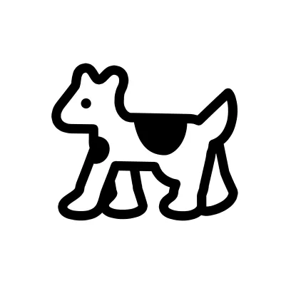 Dogcow 的線條版：黑色粗線勾出一隻四足動物，狗形的頭上有一隻尖耳與一個圓點眼睛，頸胸有一塊實心黑斑，尾巴上翹，身下可見多於兩條腿